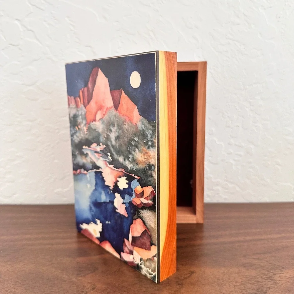 VTG Wooden Jewelry Box With Watercolor Art 